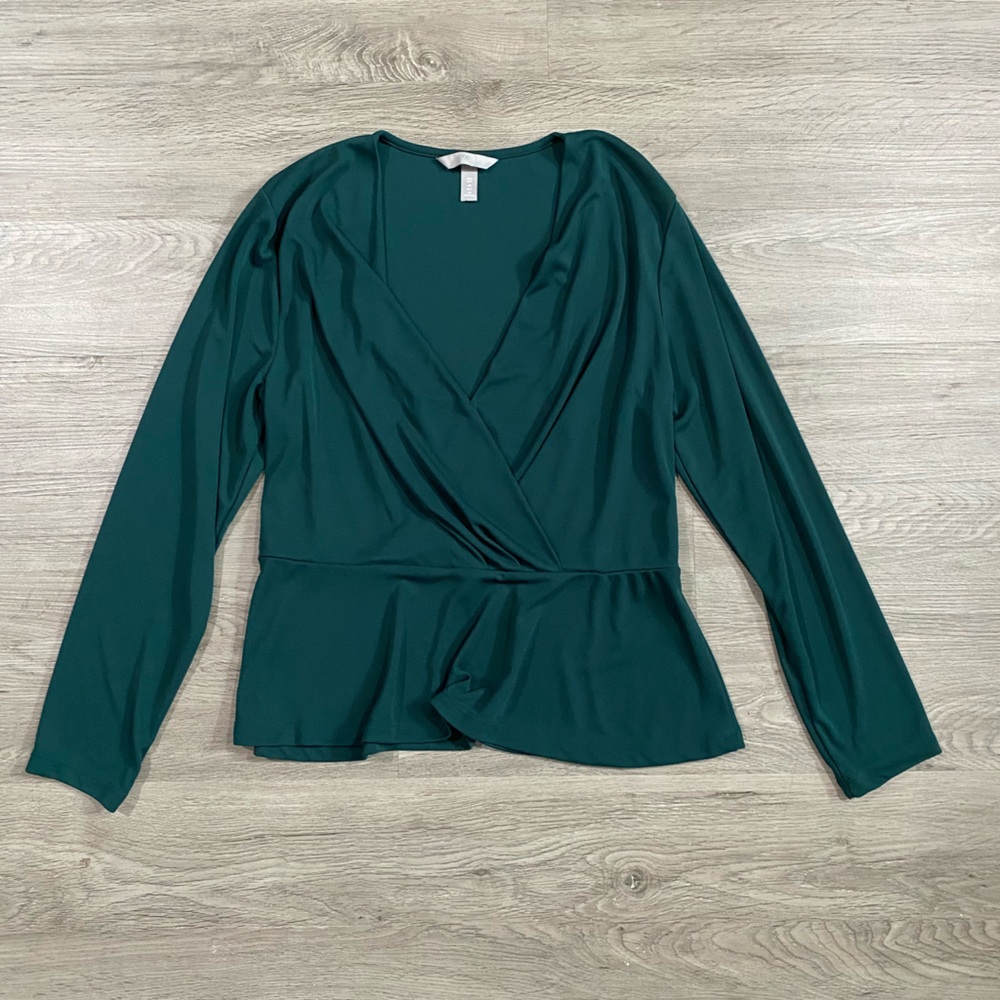 H&M Emerald Green Wrap Peplum‎ Long Sleeve Blouse cons